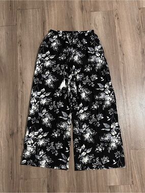 Black and White Floral Hi Waist Wide-Leg Palazzo Pants Pockets Tie Front
